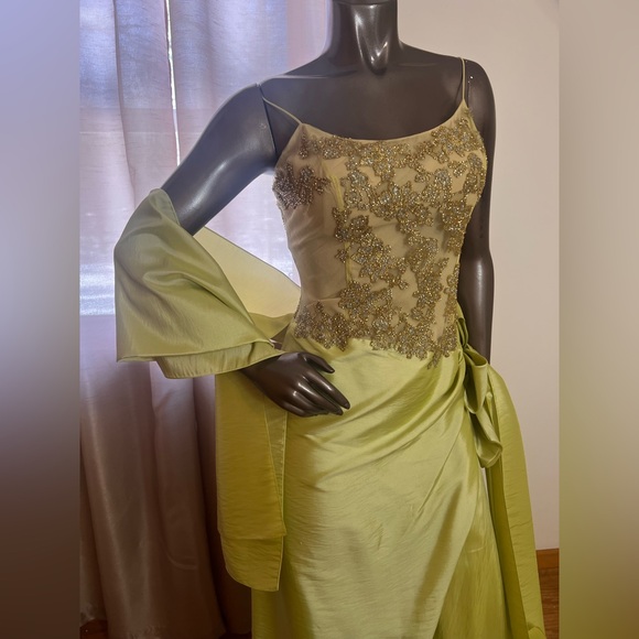 Elegant Green Evening Gown with nude Embellished Bodice. - Picture 7 of 8
